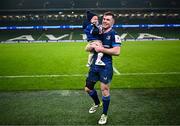 13 January 2024; Luke McGrath of Leinster with his son Bobby after his side's victory in the Investec Champions Cup Pool 4 Round 3 match between Leinster and Stade Francais at the Aviva Stadium in Dublin. Photo by Harry Murphy/Sportsfile