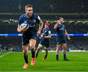 13 January 2024; Jordan Larmour of Leinster after scoring his side's fourth try during the Investec Champions Cup Pool 4 Round 3 match between Leinster and Stade Francais at the Aviva Stadium in Dublin. Photo by Harry Murphy/Sportsfile