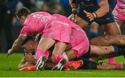 13 January 2024; Jordan Larmour of Leinster scores a try, that was subsequentley disallowed, during the Investec Champions Cup Pool 4 Round 3 match between Leinster and Stade Francais at the Aviva Stadium in Dublin. Photo by Seb Daly/Sportsfile