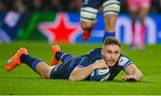 13 January 2024; Jordan Larmour of Leinster scores his side's seventh try during the Investec Champions Cup Pool 4 Round 3 match between Leinster and Stade Francais at the Aviva Stadium in Dublin. Photo by Seb Daly/Sportsfile