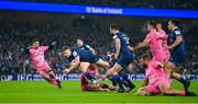 13 January 2024; Garry Ringrose of Leinster is tackled by Noah Nene of Stade Francais during the Investec Champions Cup Pool 4 Round 3 match between Leinster and Stade Francais at the Aviva Stadium in Dublin. Photo by Seb Daly/Sportsfile