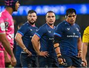 13 January 2024; Leinster players, from left, Robbie Henshaw, James Lowe and Michael Ala'alatoa during the Investec Champions Cup Pool 4 Round 3 match between Leinster and Stade Francais at the Aviva Stadium in Dublin. Photo by Seb Daly/Sportsfile