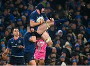 13 January 2024; Ryan Baird of Leinster, lifted by teammate Dan Sheehan, during the Investec Champions Cup Pool 4 Round 3 match between Leinster and Stade Francais at the Aviva Stadium in Dublin. Photo by Seb Daly/Sportsfile