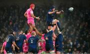 13 January 2024; Ryan Baird of Leinster wins possession in the lineout against Mathieu Hirigoyen of Stade Francais during the Investec Champions Cup Pool 4 Round 3 match between Leinster and Stade Francais at the Aviva Stadium in Dublin. Photo by Seb Daly/Sportsfile