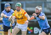 14 January 2024; Paul Boyle of Antrim in action against Dublin players, Eoghan O'Donnell, left, and Paddy Doyle during the Dioralyte Walsh Cup Round 3 match between Dublin and Antrim at Parnell Park in Dublin. Photo by Sam Barnes/Sportsfile