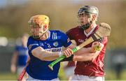14 January 2024; Padraig Delaney of Laois in action against Alex Connaire of Galway during the Dioralyte Walsh Cup Round 3 match between Galway and Laois at Duggan Park in Ballinasloe, Galway. Photo by Seb Daly/Sportsfile