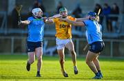 14 January 2024; Paul Boyle of Antrim in action against Conor Donohoe, left, and Eoghan O'Donnell of Dublin during the Dioralyte Walsh Cup Round 3 match between Dublin and Antrim at Parnell Park in Dublin. Photo by Sam Barnes/Sportsfile