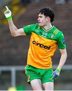 14 January 2024; Ronan Frain of Donegal celebrates after scoring his side's fourth goal during the Dr McKenna Cup semi-final match between Monaghan and Donegal at Castleblayney in Monaghan. Photo by Ramsey Cardy/Sportsfile