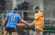 14 January 2024; Ryan McCarry of Antrim and Davy Keogh of Dublin shake hands after the Dioralyte Walsh Cup Round 3 match between Dublin and Antrim at Parnell Park in Dublin. Photo by Sam Barnes/Sportsfile