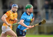 14 January 2024; Fergal Whitely of Dublin in action against Eoin McFerran of Antrim during the Dioralyte Walsh Cup Round 3 match between Dublin and Antrim at Parnell Park in Dublin. Photo by Sam Barnes/Sportsfile