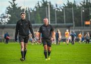 14 January 2024; Referee James McGrath, right, and assistant referee Conor Daly leave the field after the Dioralyte Walsh Cup Round 3 match between Dublin and Antrim at Parnell Park in Dublin. Photo by Sam Barnes/Sportsfile