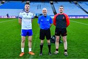 14 January 2024; Referee Liam Devenney with Cill na Martra captain Gearóid Ó Goillidhe, left, and St Patrick's Cullyhanna captain Pearse Casey before the AIB GAA Football All-Ireland Intermediate Club Championship final match between Cill na Martra of Cork and St Patrick's Cullyhanna of Armagh at Croke Park in Dublin. Photo by Ben McShane/Sportsfile
