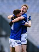 14 January 2024; Avra players Jonathan McCabe, left, and Barry Donnelly celebrate after their side's victory in the AIB GAA Football All-Ireland Junior Club Championship final match between Arva of Cavan and Listowel Emmets of Kerry at Croke Park in Dublin. Photo by Piaras Ó Mídheach/Sportsfile