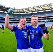 14 January 2024; Arva players Ciarán Stanley, left, and Kevin Bouchier celebrate after their side's victory in the AIB GAA Football All-Ireland Junior Club Championship final match between Arva of Cavan and Listowel Emmets of Kerry at Croke Park in Dublin. Photo by Piaras Ó Mídheach/Sportsfile