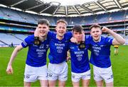 14 January 2024; Arva players, from left, Charlie Conneely, Jonathan McCabe, Dylan Maguire and Danny Ellis celebrate after their side's victory in the AIB GAA Football All-Ireland Junior Club Championship final match between Arva of Cavan and Listowel Emmets of Kerry at Croke Park in Dublin. Photo by Piaras Ó Mídheach/Sportsfile