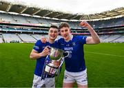 14 January 2024; Arva players Finbar McAvinue, left, and Conal Sheridan celebrate after victory in the AIB GAA Football All-Ireland Junior Club Championship final match between Arva of Cavan and Listowel Emmets of Kerry at Croke Park in Dublin. Photo by Piaras Ó Mídheach/Sportsfile