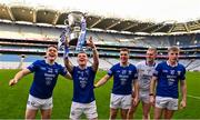 14 January 2024; Arva players, from left, David Ellis, Ciarán Stanley, Jamie Gray, Cian O'Hara and Thomas Partington celebrate after their side's victory in the AIB GAA Football All-Ireland Junior Club Championship final match between Arva of Cavan and Listowel Emmets of Kerry at Croke Park in Dublin. Photo by Piaras Ó Mídheach/Sportsfile