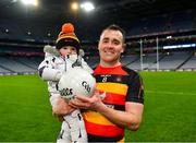 14 January 2024; St Patrick's Cullyhanna captain Pearse Casey with his son Arthur after his side's victory in the AIB GAA Football All-Ireland Intermediate Club Championship final match between Cill na Martra of Cork and St Patrick's Cullyhanna of Armagh at Croke Park in Dublin. Photo by Piaras Ó Mídheach/Sportsfile