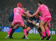 13 January 2024; Tadhg Furlong of Leinster in action against Stade Francais players, from left, Mathieu Hirigoyen, Hugo N'Diaye and JJ van der Mescht during the Investec Champions Cup Pool 4 Round 3 match between Leinster and Stade Francais at the Aviva Stadium in Dublin. Photo by Sam Barnes/Sportsfile