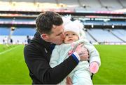 14 January 2024; Arva selector Stephen Smith with his daughter Millie, aged 1, after victory in the AIB GAA Football All-Ireland Junior Club Championship final match between Arva of Cavan and Listowel Emmets of Kerry at Croke Park in Dublin. Photo by Piaras Ó Mídheach/Sportsfile