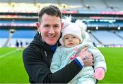 14 January 2024; Arva selector Stephen Smith with his daughter Millie, age 1, after victory in the AIB GAA Football All-Ireland Junior Club Championship final match between Arva of Cavan and Listowel Emmets of Kerry at Croke Park in Dublin. Photo by Piaras Ó Mídheach/Sportsfile
