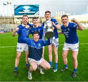 14 January 2024; Avra players, back row from left, Kevin Bouchier, Barry Donnelly, Conal Sheridan and Jamie Gray and Shane Corcoran, front, celebrate after their side's victory in the AIB GAA Football All-Ireland Junior Club Championship final match between Arva of Cavan and Listowel Emmets of Kerry at Croke Park in Dublin. Photo by Piaras Ó Mídheach/Sportsfile