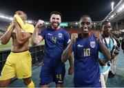 14 January 2024; Cape Verde players, from left, Vozinha, Roberto Lopes and Jamiro Monteiro celebrate after their side's victory in the TotalEnergies CAF Africa Cup of Nations match between Ghana and Cape Verde at Stade Félix-Houphouët-Boigny, Abidjan, Côte d'Ivoire. Photo by Sergio Bisi/Sportsfile