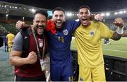 14 January 2024; Roberto Lopes, centre, and Vozinha, right, of Cape Verde celebrate after the TotalEnergies CAF Africa Cup of Nations match between Ghana and Cape Verde at Stade Félix-Houphouët-Boigny, Abidjan, Côte d'Ivoire. Photo by Sergio Bisi/Sportsfile