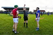 14 January 2024; Referee Adam Kinahan with team captains Cianan Fahy of Galway and Aaron Dunphy of Laois before the Dioralyte Walsh Cup Round 3 match between Galway and Laois at Duggan Park in Ballinasloe, Galway. Photo by Seb Daly/Sportsfile