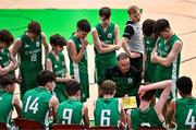 15 January 2024; St Malachy’s College coach Adrian Fulton speaks to his players in a timeout during the Pinergy Basketball Ireland U16 A Boys Schools Cup Final match between St Malachy’s College, Belfast, and Coláiste Eanna, Dublin at the National Basketball Arena in Tallaght, Dublin. Photo by Ben McShane/Sportsfile
