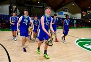 15 January 2024; Coláiste Eanna captain Adam McCarthy celebrates with the cup after the Pinergy Basketball Ireland U16 A Boys Schools Cup Final match between St Malachy’s College, Belfast, and Coláiste Eanna, Dublin at the National Basketball Arena in Tallaght, Dublin. Photo by Ben McShane/Sportsfile