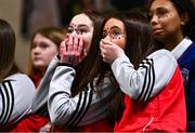 15 January 2024; Mungret Community College supporters react during the Pinergy Basketball Ireland U16 A Girls Schools Cup Final match between Our Lady and St Patrick's College Knock, Belfast, and Mungret Community College, Limerick at the National Basketball Arena in Tallaght, Dublin. Photo by Ben McShane/Sportsfile