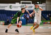 15 January 2024; Olaf Michalczuk of Mercy Mounthawk in action against Michael Donnelly of St Malachy’s College during the Pinergy Basketball Ireland U19 A Boys Schools Cup Final match between St Malachy’s College, Belfast, and Mercy Mounthawk, Tralee, Kerry at the National Basketball Arena in Tallaght, Dublin. Photo by Ben McShane/Sportsfile