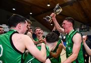 15 January 2024; Mercy Mounthawk captain Oisin McGibney celebrates with the cup and his teammates after the Pinergy Basketball Ireland U19 A Boys Schools Cup Final match between St Malachy’s College, Belfast, and Mercy Mounthawk, Tralee, Kerry at the National Basketball Arena in Tallaght, Dublin. Photo by Ben McShane/Sportsfile