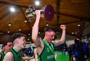 15 January 2024; Mercy Mounthawk captain Oisin McGibney celebrates with the cup after the Pinergy Basketball Ireland U19 A Boys Schools Cup Final match between St Malachy’s College, Belfast, and Mercy Mounthawk, Tralee, Kerry at the National Basketball Arena in Tallaght, Dublin. Photo by Ben McShane/Sportsfile