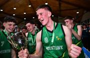 15 January 2024; Mercy Mounthawk captain Oisin McGibney celebrates with the cup after the Pinergy Basketball Ireland U19 A Boys Schools Cup Final match between St Malachy’s College, Belfast, and Mercy Mounthawk, Tralee, Kerry at the National Basketball Arena in Tallaght, Dublin. Photo by Ben McShane/Sportsfile