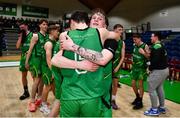 15 January 2024; Olaf Michalczuk, right, and Tomas Kennedy of Mercy Mounthawk celebrate after the Pinergy Basketball Ireland U19 A Boys Schools Cup Final match between St Malachy’s College, Belfast, and Mercy Mounthawk, Tralee, Kerry at the National Basketball Arena in Tallaght, Dublin. Photo by Ben McShane/Sportsfile