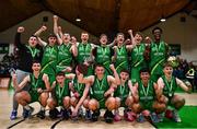 15 January 2024; Mercy Mounthawk players celebrate with the cup after the Pinergy Basketball Ireland U19 A Boys Schools Cup Final match between St Malachy’s College, Belfast, and Mercy Mounthawk, Tralee, Kerry at the National Basketball Arena in Tallaght, Dublin. Photo by Ben McShane/Sportsfile