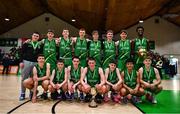 15 January 2024; Mercy Mounthawk players with the cup after the Pinergy Basketball Ireland U19 A Boys Schools Cup Final match between St Malachy’s College, Belfast, and Mercy Mounthawk, Tralee, Kerry at the National Basketball Arena in Tallaght, Dublin. Photo by Ben McShane/Sportsfile