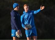 15 January 2024; Sam Prendergast and Ciarán Frawley during a Leinster Rugby squad training session at UCD in Dublin. Photo by Harry Murphy/Sportsfile