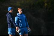 15 January 2024; Sam Prendergast and Ciarán Frawley during a Leinster Rugby squad training session at UCD in Dublin. Photo by Harry Murphy/Sportsfile