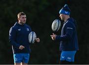 15 January 2024; Jordan Larmour and James Lowe during a Leinster Rugby squad training session at UCD in Dublin. Photo by Harry Murphy/Sportsfile