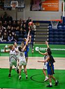 15 January 2024; Megan Gallagher of St Mary's College Dundalk drives for the basket despite the efforts of Caoilinn Ní Laoire of Colaiste Ide during the Pinergy Basketball Ireland U19 B Girls Schools Cup Final match between St. Mary’s College, Dundalk, Louth, and Colaiste Ide, Dingle, Kerry at the National Basketball Arena in Tallaght, Dublin. Photo by Ben McShane/Sportsfile