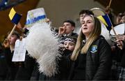 15 January 2024; St Mary's College Dundalk supporter Emily O'Donoghue encourages her side in the final moments of the Pinergy Basketball Ireland U19 B Girls Schools Cup Final match between St. Mary’s College, Dundalk, Louth, and Colaiste Ide, Dingle, Kerry at the National Basketball Arena in Tallaght, Dublin. Photo by Ben McShane/Sportsfile