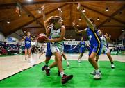 15 January 2024; Sarah Ní Cholgáin of Colaiste Ide in action against St Mary's College Dundalk players, Elahna Faapito, behind, and Jessica Daly during the Pinergy Basketball Ireland U19 B Girls Schools Cup Final match between St. Mary’s College, Dundalk, Louth, and Colaiste Ide, Dingle, Kerry at the National Basketball Arena in Tallaght, Dublin. Photo by Ben McShane/Sportsfile