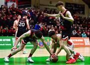 16 January 2024; Brian Morrison of St Muredach's College Ballina and Tadhg O'Neill of Pres De La Selle Bagnalstown, left, and Rian Broderick battle for possession during the Pinergy Basketball Ireland U19B Boys Schools Cup Final match between St Muredach’s College Ballina, Mayo and Pres De La Salle Bagnalstown, Carlow at National Basketball Arena in Tallaght, Dublin. Photo by Tyler Miller/Sportsfile