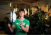 16 January 2024; Joe Hopes stands for a portrait during a Ireland U20 rugby media conference at PwC head offices in Dublin. Photo by Ben McShane/Sportsfile