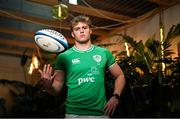 16 January 2024; Hugh Gavin stands for a portrait during a Ireland U20 rugby media conference at PwC head offices in Dublin. Photo by Ben McShane/Sportsfile