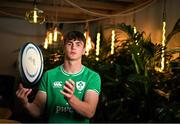 16 January 2024; Joe Hopes stands for a portrait during a Ireland U20 rugby media conference at PwC head offices in Dublin. Photo by Ben McShane/Sportsfile