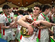 16 January 2024; Brian Morrison of St. Muredach's College Ballina celebrates after his side's victory during the Pinergy Basketball Ireland U19B Boys Schools Cup Final match between St Muredach’s College Ballina, Mayo and Pres De La Salle Bagnalstown, Carlow at National Basketball Arena in Tallaght, Dublin. Photo by Tyler Miller/Sportsfile